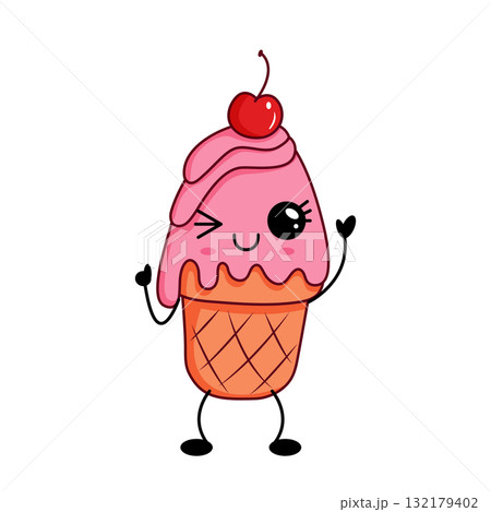 Pink ice cream kawaii character with cherry on top Pink ice cream kawaii character with cherry on top 132179402