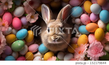 Cute Easter rabbit with decorated eggs and spring flowers. Easter background 132179644
