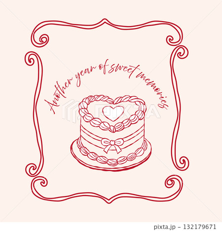 Whimsical coquette birthday or valentine card with cake 132179671