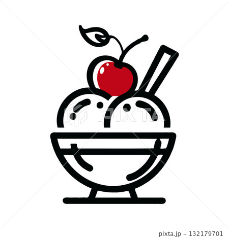 Cartoon-style ice cream bowl with two scoops, a cherry, and a spoon, shown on a plain white background, representing dessert concept 132179701