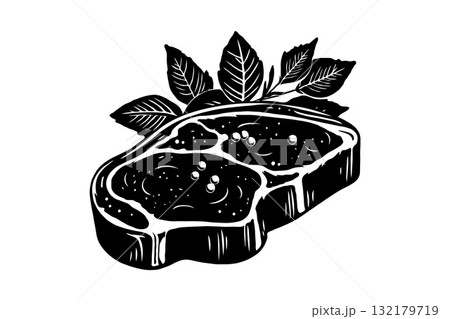 Hand-drawn illustration of a raw steak with peppercorns and herbs in black and white style on a white background, symbolizing cooking or food 132179719