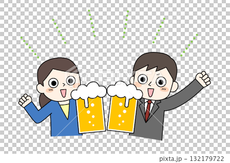 手描き風の男女がビールで乾杯するイラスト（パーティー・飲み会） 132179722