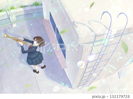 学校の屋上でトランペットを演奏する吹奏楽部_キャラとフレア、木の葉、音符効果 学校の屋上でトランペットを演奏する吹奏楽部_キャラとフレア、木の葉、音符効果 132179728