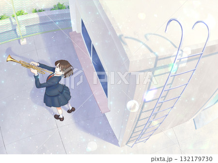 学校の屋上でトランペットを演奏する吹奏楽部_キャラとフレア 学校の屋上でトランペットを演奏する吹奏楽部_キャラとフレア 132179730