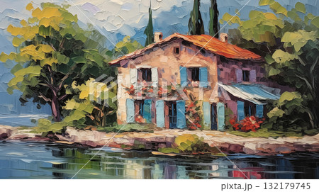 Impressionist art cottage by the lake Impressionist art cottage by the lake 132179745