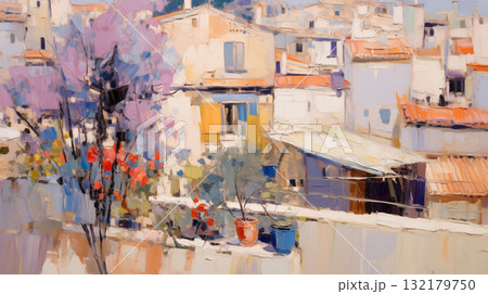 Impressionist art summer landscape with blooming flowers and city view 132179750