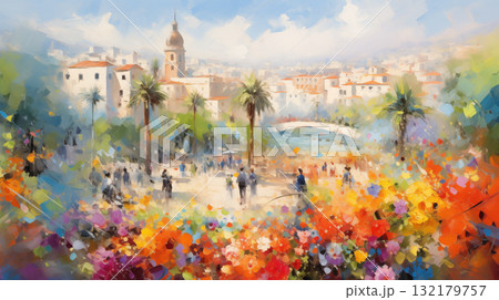 Impressionist art summer scene with palm trees and cityscape 132179757