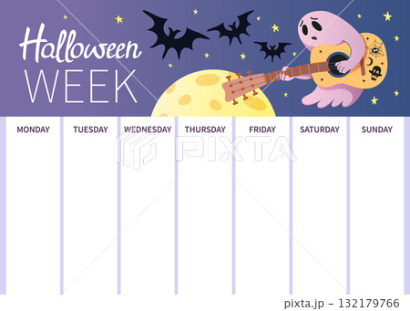 Weekly Halloween planner with blank day columns. Cute ghost with guitar, moon, bat and star on purple night sky. For print, classroom, family schedule, party plan, event note. Vector illustration. 132179766