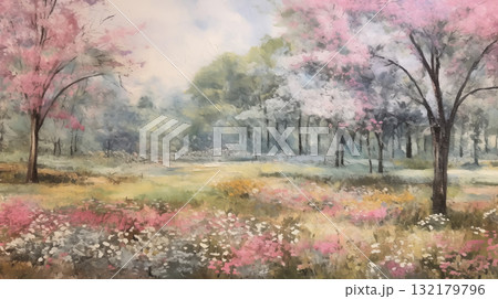 Impressionist art summer landscape with blooming trees Impressionist art summer landscape with blooming trees 132179796