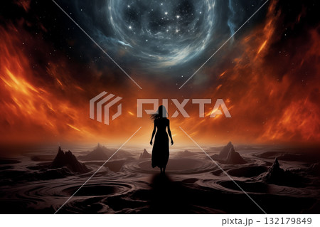 silhouette of a woman against the background of a nebula in space, standing with her back, light effects, nebula, stars and galaxy 132179849