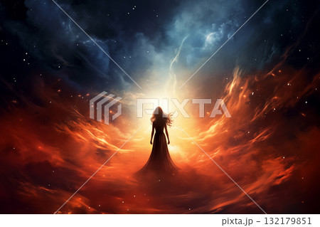 silhouette of a woman against the background of a nebula in space, standing with her back, light effects, nebula, stars and galaxy 132179851