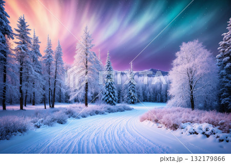 beautiful landscape of winter forest in snow, beautiful nature and colorful sunset 132179866