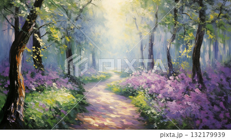 Summer path through a sunlit forest landscape impressionist painting 132179939
