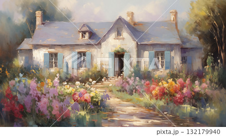 Cottage garden in summer light impressionist painting Cottage garden in summer light impressionist painting 132179940