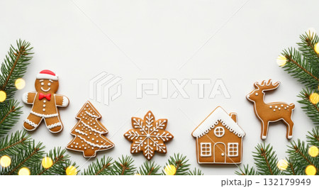 Top view of assorted Christmas gingerbread cookies (man, tree, snowflake, house, reindeer) with fir branches border. 132179949