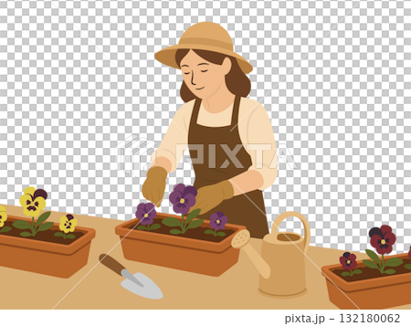 ガーデニングをする女性のイラスト、パンジーをプランターに植えているようす 132180062