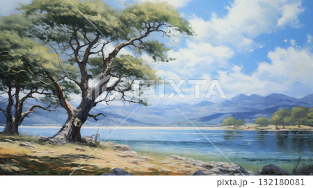 Summer landscape with trees and lake Impressionist painting 132180081
