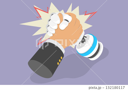3D Isometric Flat Vector Illustration of Human-robot Competition, Businessman Challenges Robot In Arm Wrestling Contest. 132180117