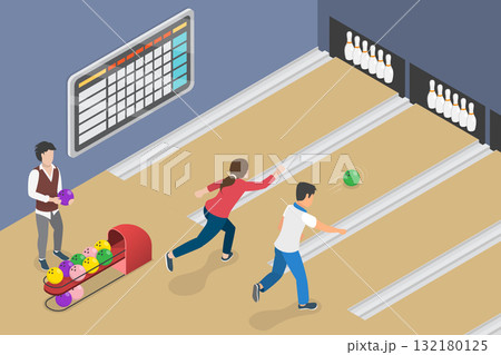 3D Isometric Flat Vector Illustration of Playing Bowling, Young People, Throwing Balls To Knock Down Pins. 3D Isometric Flat Vector Illustration of Playing Bowling, Young People, Throwing Balls To Knock Down Pins. 132180125