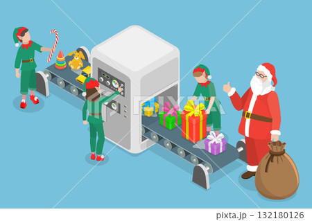 3D Isometric Flat Vector Illustration of Christmas Gift Factory, Elves Helping Santa In Gift And Toy Preparing 132180126