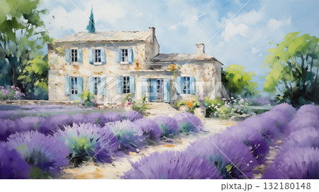 Stone house and lavender field in summer impressionist landscape painting Stone house and lavender field in summer impressionist landscape painting 132180148