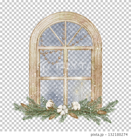 Watercolor illustration of frosty wooden window with pine branches, cotton flowers, and candles. Drawing for Christmas greeting cards, winter New Year invitations, and cozy festive compositions. Watercolor illustration of frosty wooden window with pine branches, cotton flowers, and candles. Drawing for Christmas greeting cards, winter New Year invitations, and cozy festive compositions. 132180274
