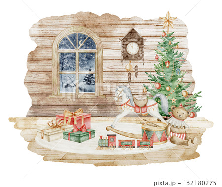 Watercolor illustration of cozy wooden room with Christmas tree, toys, and gifts. Drawing of vintage festive scene for holiday Christmas greeting cards, New Year invitations or posters. Art of room. 132180275