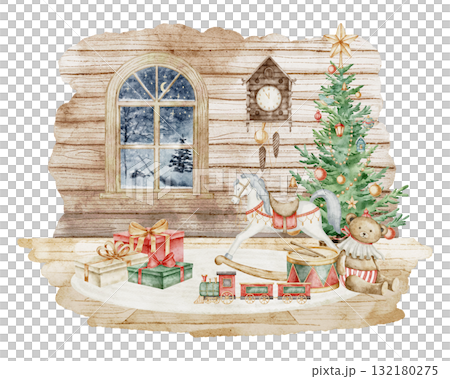 Watercolor illustration of cozy wooden room with Christmas tree, toys, and gifts. Drawing of vintage festive scene for holiday Christmas greeting cards, New Year invitations or posters. Art of room. 132180275
