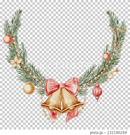 Watercolor Christmas wreath with bells, ribbons, and pine branches. Illustration of round Border for holiday Xmas cards, New Year invitations and posters. Art of Template with fir tree and ornaments. Watercolor Christmas wreath with bells, ribbons, and pine branches. Illustration of round Border for holiday Xmas cards, New Year invitations and posters. Art of Template with fir tree and ornaments. 132180289