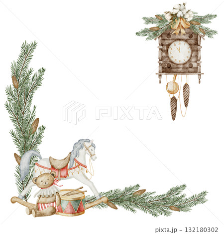 Watercolor frame with pine branches, toys, and vintage clock. Illustration of Christmas border for festive Xmas cards, New Year invitations, posters, and holiday templates. Art of party border. 132180302