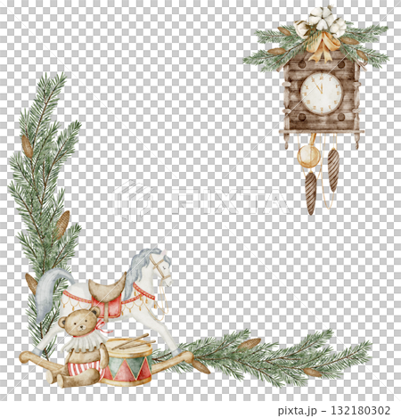 Watercolor frame with pine branches, toys, and vintage clock. Illustration of Christmas border for festive Xmas cards, New Year invitations, posters, and holiday templates. Art of party border. 132180302