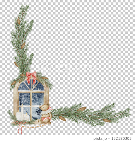 Watercolor composition with arched window, teddy bear, and pine branches forming a festive corner frame. Drawing of Border for Christmas greeting cards, New Year invitations or winter templates. 132180303