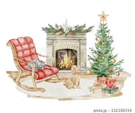 Watercolor illustration of cozy interior with Christmas tree, fireplace, and red rocking chair. Drawing of room with cat and dog fir festive Xmas greeting cards or New Year invitations. Art for poster 132180314