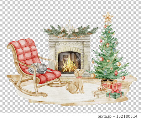 Watercolor illustration of cozy interior with Christmas tree, fireplace, and red rocking chair. Drawing of room with cat and dog fir festive Xmas greeting cards or New Year invitations. Art for poster 132180314