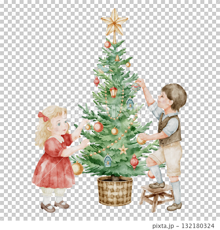 Watercolor illustration of children decorating Christmas tree with ornaments and garlands. Art with boy and girl for Xmas greeting cards, New Year invitations, posters, and holiday templates. Watercolor illustration of children decorating Christmas tree with ornaments and garlands. Art with boy and girl for Xmas greeting cards, New Year invitations, posters, and holiday templates. 132180324