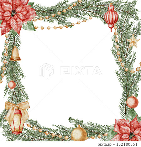 Watercolor Frame with pine branches, poinsettias, and Christmas ornaments. Illustration of Xmas Template with garlands and poinsettia for New Year greeting cards or party invitations. Holiday backdrop 132180351