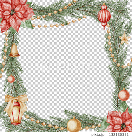 Watercolor Frame with pine branches, poinsettias, and Christmas ornaments. Illustration of Xmas Template with garlands and poinsettia for New Year greeting cards or party invitations. Holiday backdrop 132180351