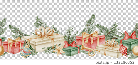 Watercolor seamless border with Christmas presents, ribbons, and pine branches. Illustration of ornament with gift boxes with bows for Xmas invitations or New Year greeting cards. Art for frame. Watercolor seamless border with Christmas presents, ribbons, and pine branches. Illustration of ornament with gift boxes with bows for Xmas invitations or New Year greeting cards. Art for frame. 132180352