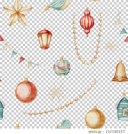 Watercolor seamless pattern with Christmas baubles, bells, and lanterns in red and gold colors. Illustration of Xmas Background for festive wrapping paper or textile. Ornament for New Year backdrop. 132180357