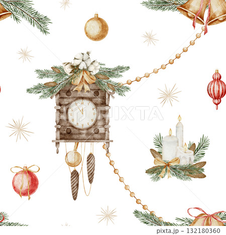 Watercolor seamless pattern with Cuckoo Clock, baubles, candles, and pine garlands in cozy festive style. Illustration of Xmas background for Christmas packaging or textiles. New Year ornament. 132180360