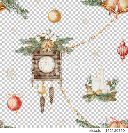 Watercolor seamless pattern with Cuckoo Clock, baubles, candles, and pine garlands in cozy festive style. Illustration of Xmas background for Christmas packaging or textiles. New Year ornament. 132180360