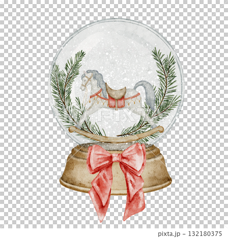 Watercolor illustration of a Christmas snow globe with rocking horse and red bow. Glass Snowball for holiday Xmas greeting cards or New Year invitations. Art for holiday packaging or posters. Watercolor illustration of a Christmas snow globe with rocking horse and red bow. Glass Snowball for holiday Xmas greeting cards or New Year invitations. Art for holiday packaging or posters. 132180375