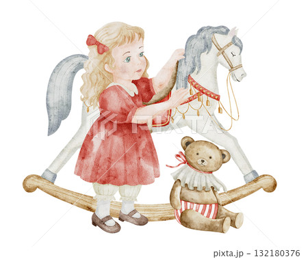 Watercolor illustration of a girl in red dress playing with rocking horse and teddy bear. Vintage Christmas scene for Xmas greeting cards or New Year invitations. Art with child and retro toys. 132180376