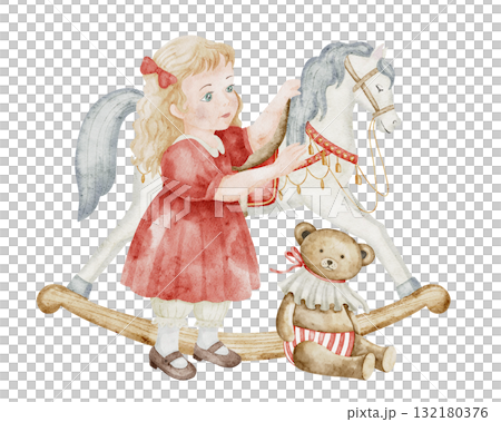 Watercolor illustration of a girl in red dress playing with rocking horse and teddy bear. Vintage Christmas scene for Xmas greeting cards or New Year invitations. Art with child and retro toys. Watercolor illustration of a girl in red dress playing with rocking horse and teddy bear. Vintage Christmas scene for Xmas greeting cards or New Year invitations. Art with child and retro toys. 132180376