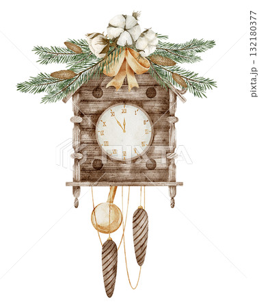 Watercolor illustration of a vintage wooden Cuckoo Clock with pine branches, cotton, and ribbon. Drawing of cozy vintage element for Christmas greeting cards or New Year invitations. Art for posters. 132180377