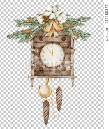 Watercolor illustration of a vintage wooden Cuckoo Clock with pine branches, cotton, and ribbon. Drawing of cozy vintage element for Christmas greeting cards or New Year invitations. Art for posters. 132180377