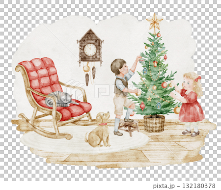 Watercolor illustration of children decorating a Christmas tree with ornaments, garlands, a dog and a cat nearby. Drawing of cozy vintage holiday scene for Xmas greeting cards or New Year posters. Watercolor illustration of children decorating a Christmas tree with ornaments, garlands, a dog and a cat nearby. Drawing of cozy vintage holiday scene for Xmas greeting cards or New Year posters. 132180378