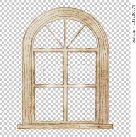 Watercolor illustration of a wooden window frame with arched top. Drawing of vintage opening for Christmas interior compositions, cozy home designs, greeting cards or invitations. 132180379