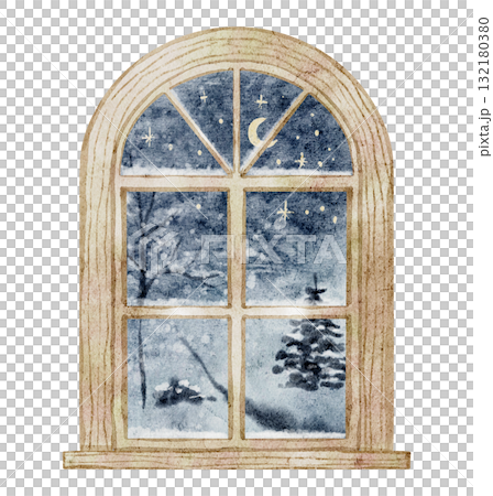 Watercolor illustration of a wooden Window with a snowy night scene outside, moon and stars. Drawing of winter landscape for cozy Christmas compositions, Xmas greeting cards, or New Year design. Watercolor illustration of a wooden Window with a snowy night scene outside, moon and stars. Drawing of winter landscape for cozy Christmas compositions, Xmas greeting cards, or New Year design. 132180380