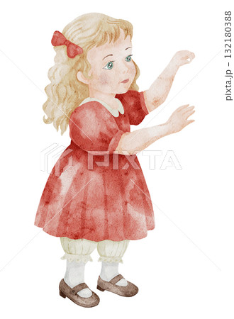 Watercolor illustration of a blonde girl in a red dress with bow and shoes in vintage doll like style. Drawing of child for Christmas greeting cards, Xmas nostalgic scenes or vintage invitations. 132180388